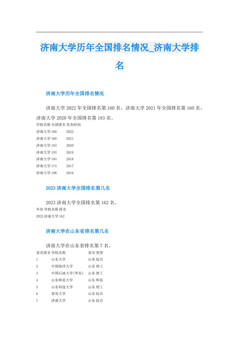 济南大学历年全国排名情况_济南大学排名