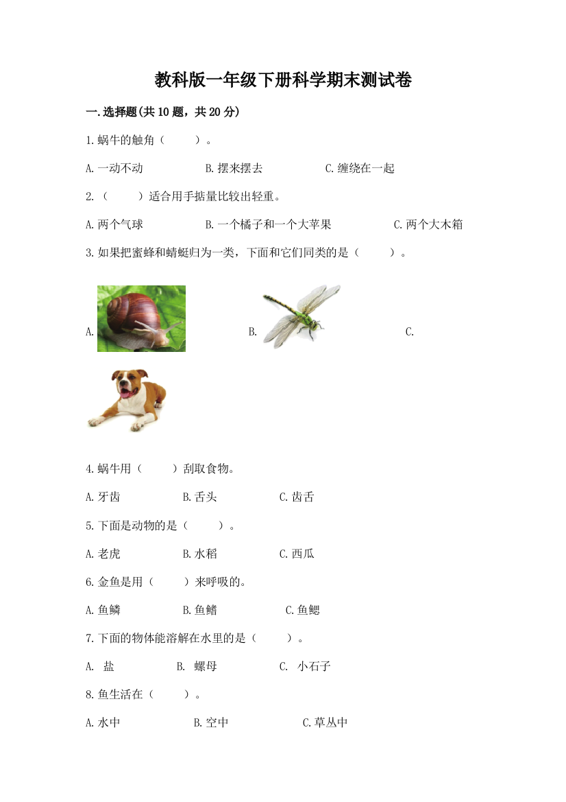 教科版一年级下册科学期末测试卷含答案（新）