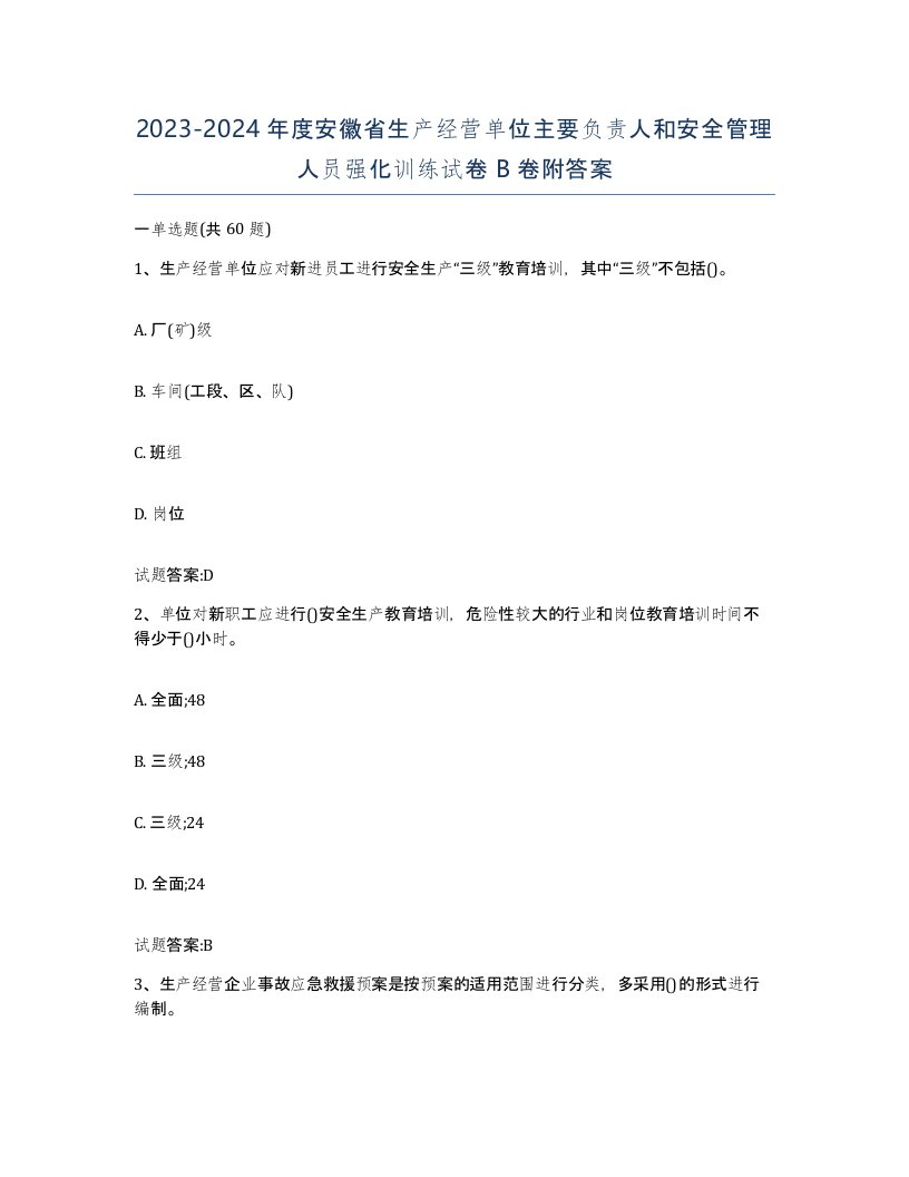 20232024年度安徽省生产经营单位主要负责人和安全管理人员强化训练试卷B卷附答案