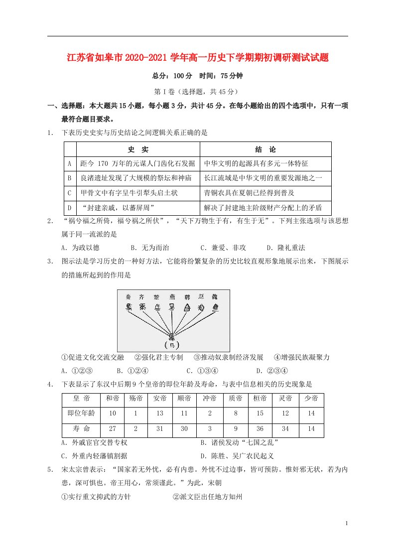 江苏省如皋市2020_2021学年高一历史下学期期初调研测试试题