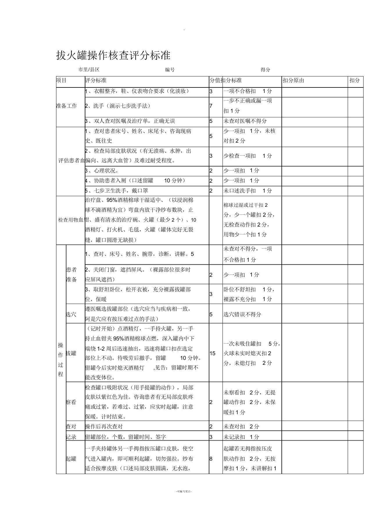 拔火罐操作考核评分标准