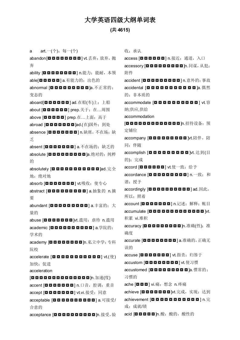 大学英语四级词汇表带音标