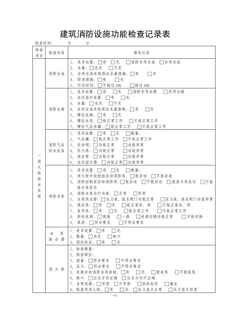 建筑消防设施功能检查记录表