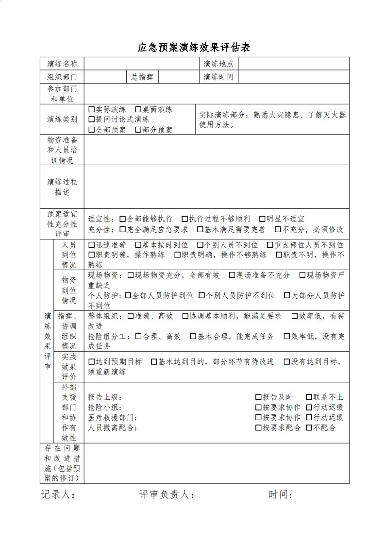 应急演练效果评估表