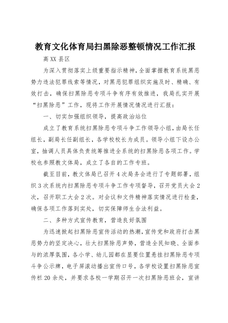 教育文化体育局扫黑除恶整顿情况工作汇报