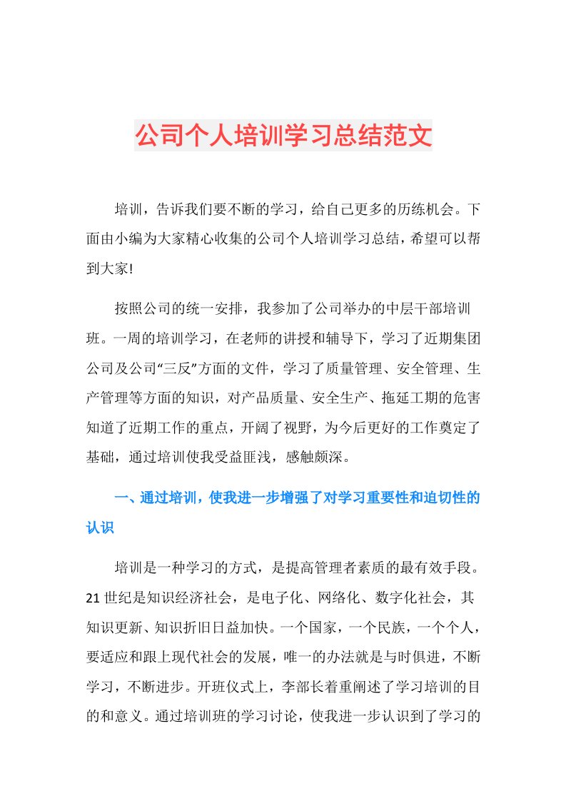 公司个人培训学习总结范文