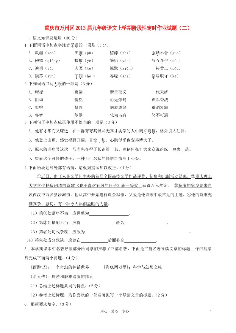 重庆市万州区2013届九年级语文上学期阶段性定时作业试题二