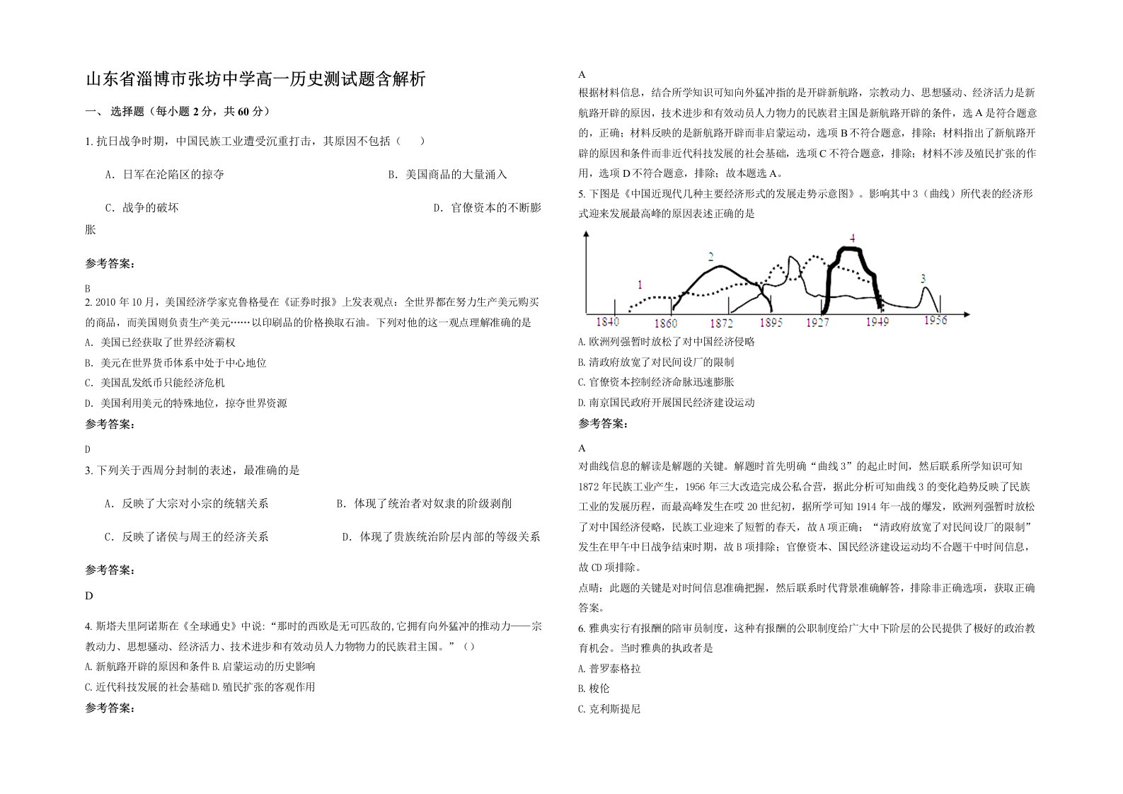 山东省淄博市张坊中学高一历史测试题含解析