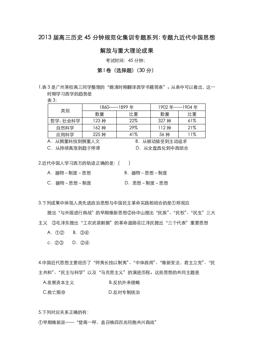 2013届高三历史45分钟规范化集训专题系列：专题九