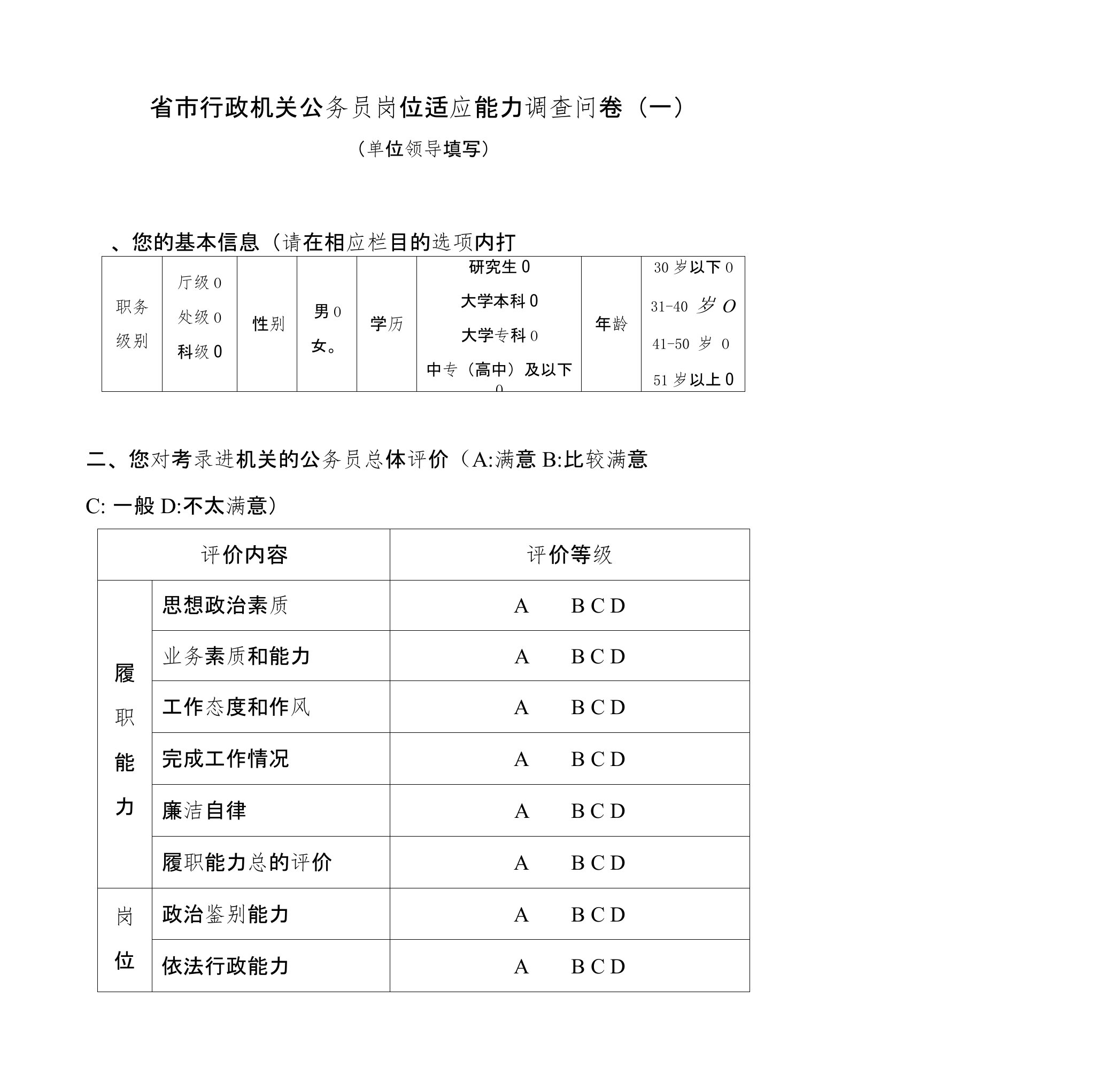 省市行政机关公务员岗位适应能力调查问卷表