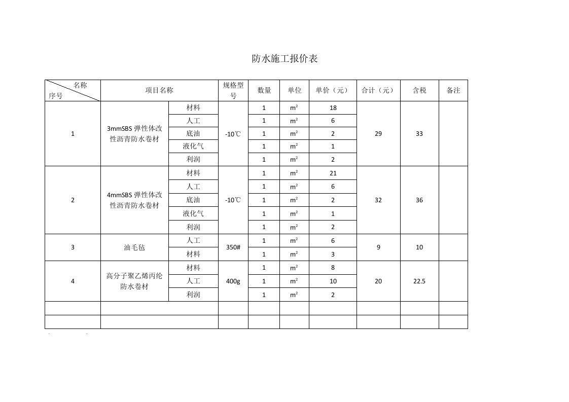 防水施工报价表