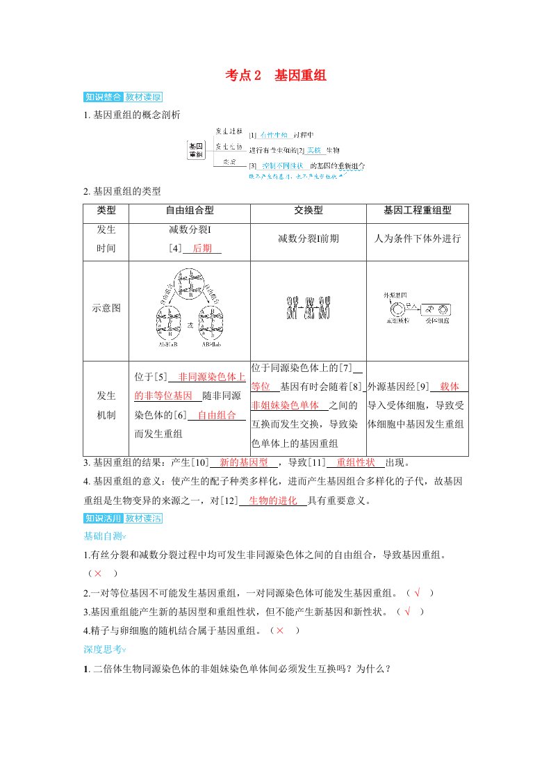 备考2024届高考生物一轮复习讲义第七章生物的变异和进化课时1基因突变和基因重组考点2　基因重组