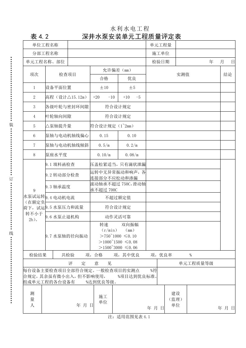 工程资料-表42深井水泵安装单元工程质量评定表