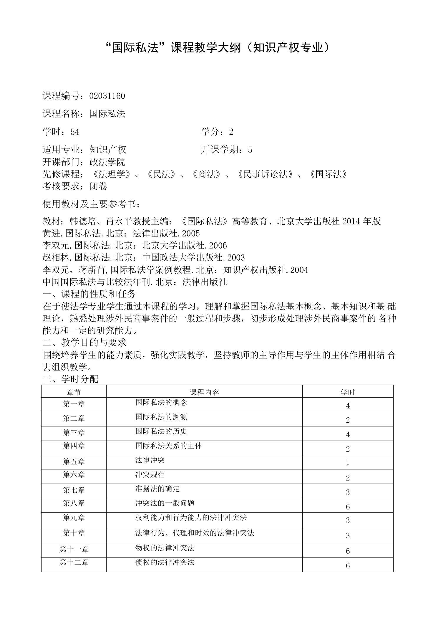 国际私法(知识产权)教学大纲