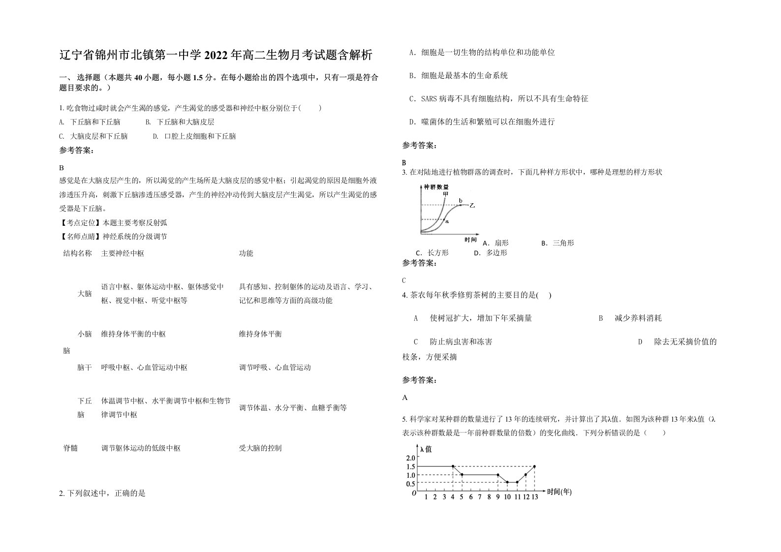 辽宁省锦州市北镇第一中学2022年高二生物月考试题含解析