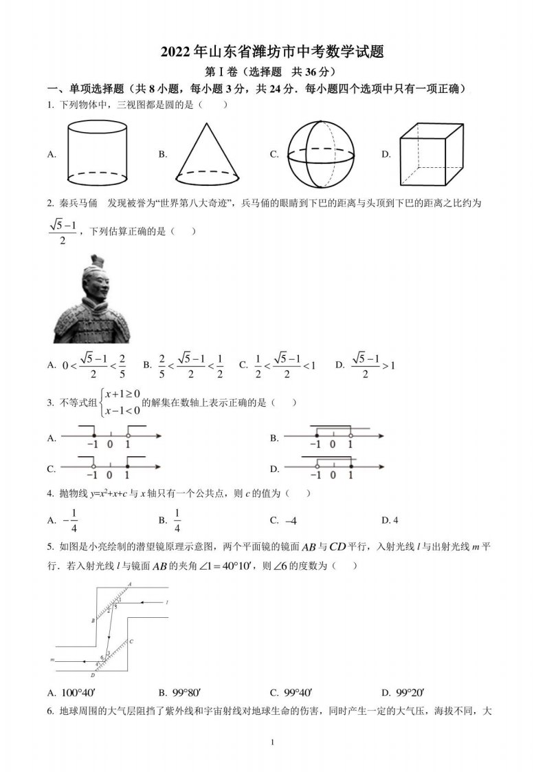 2022年山东省潍坊市中考数学真题（含答案解析）