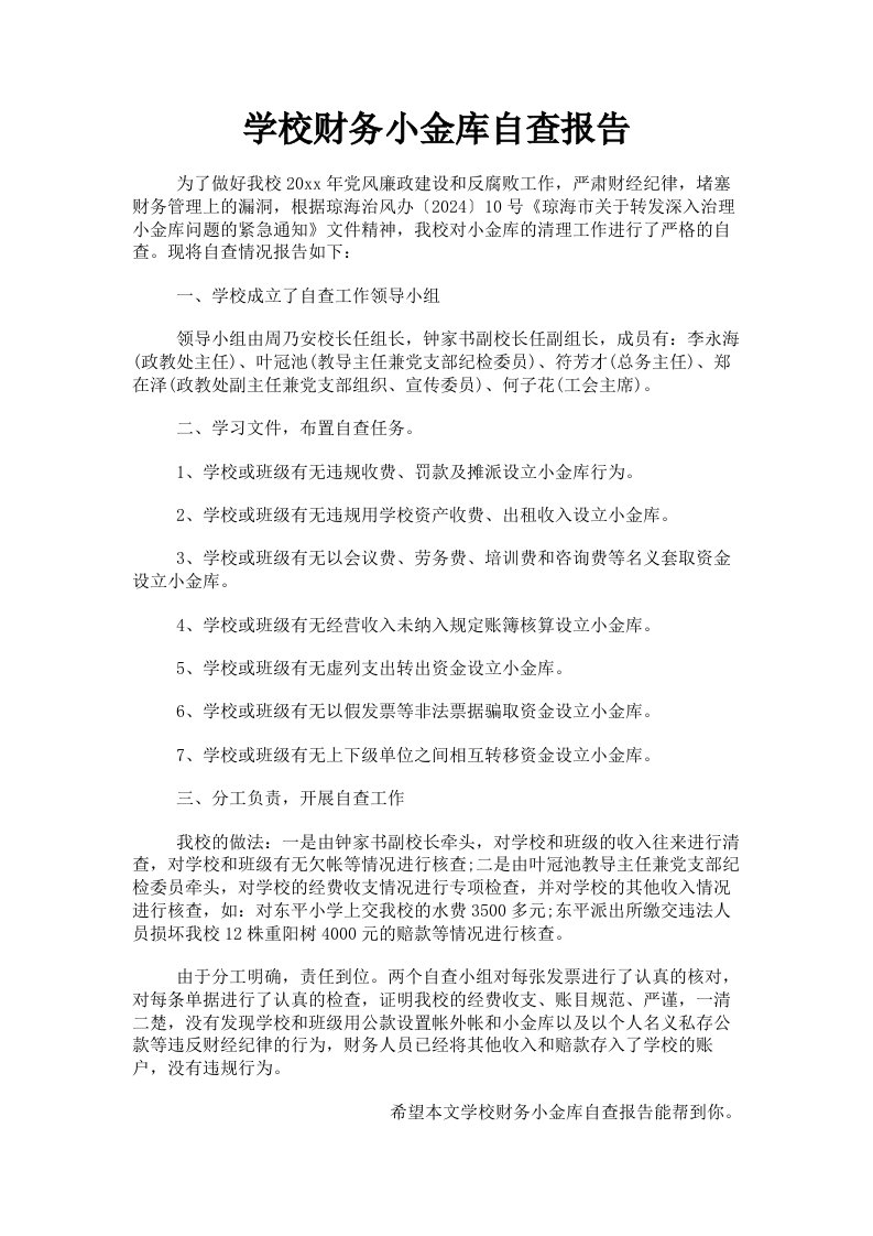 学校财务小金库自查报告