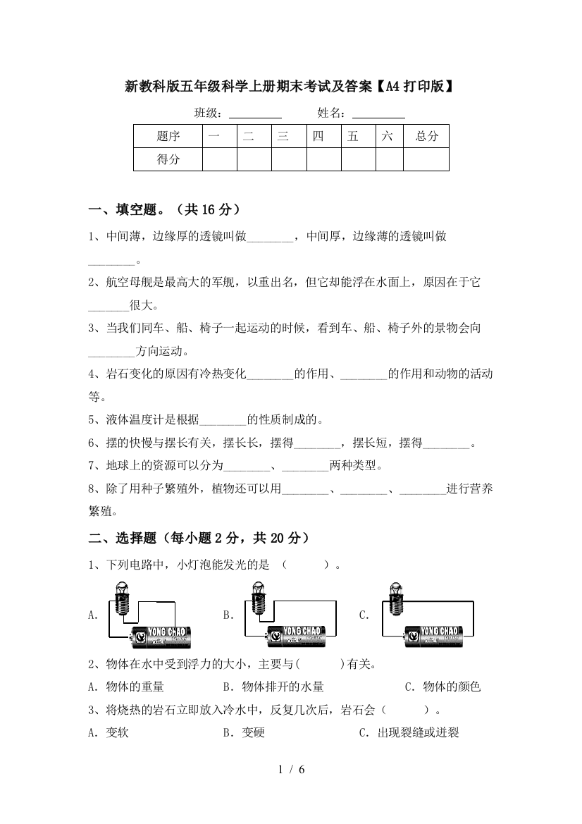 新教科版五年级科学上册期末考试及答案【A4打印版】