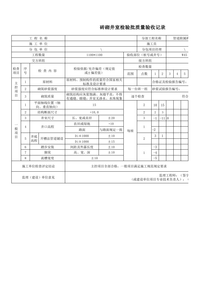 砖砌检查井室检验批质量验收记录