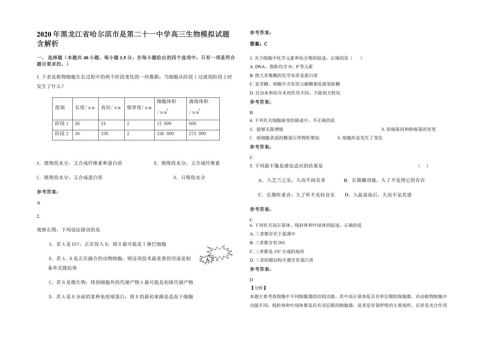 2020年黑龙江省哈尔滨市是第二十一中学高三生物模拟试题含解析