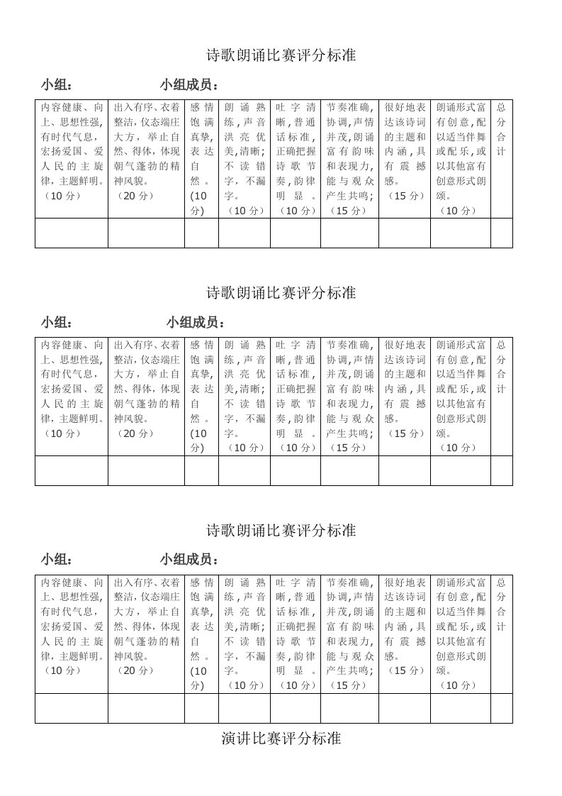 诗歌朗诵评分标准表格