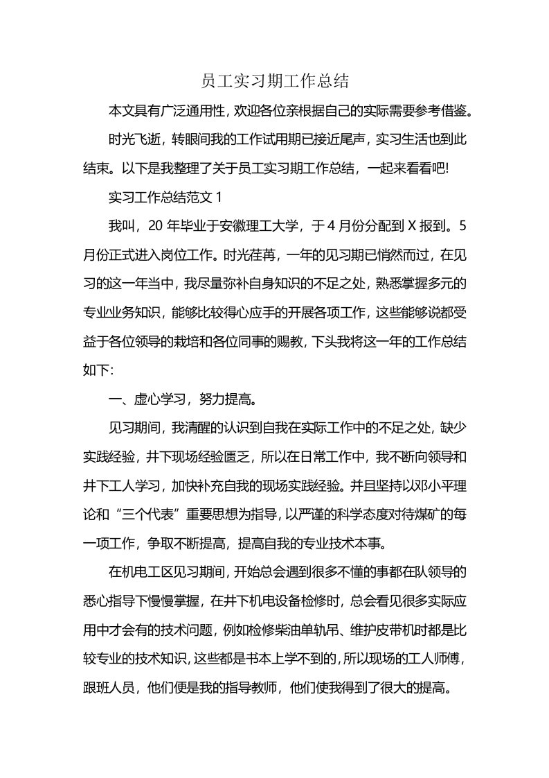 员工实习期工作总结