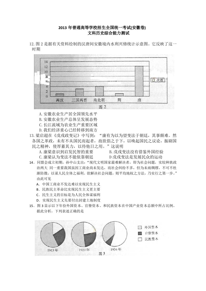 2013年高考真题-文综历史(安徽卷)解析版含答案