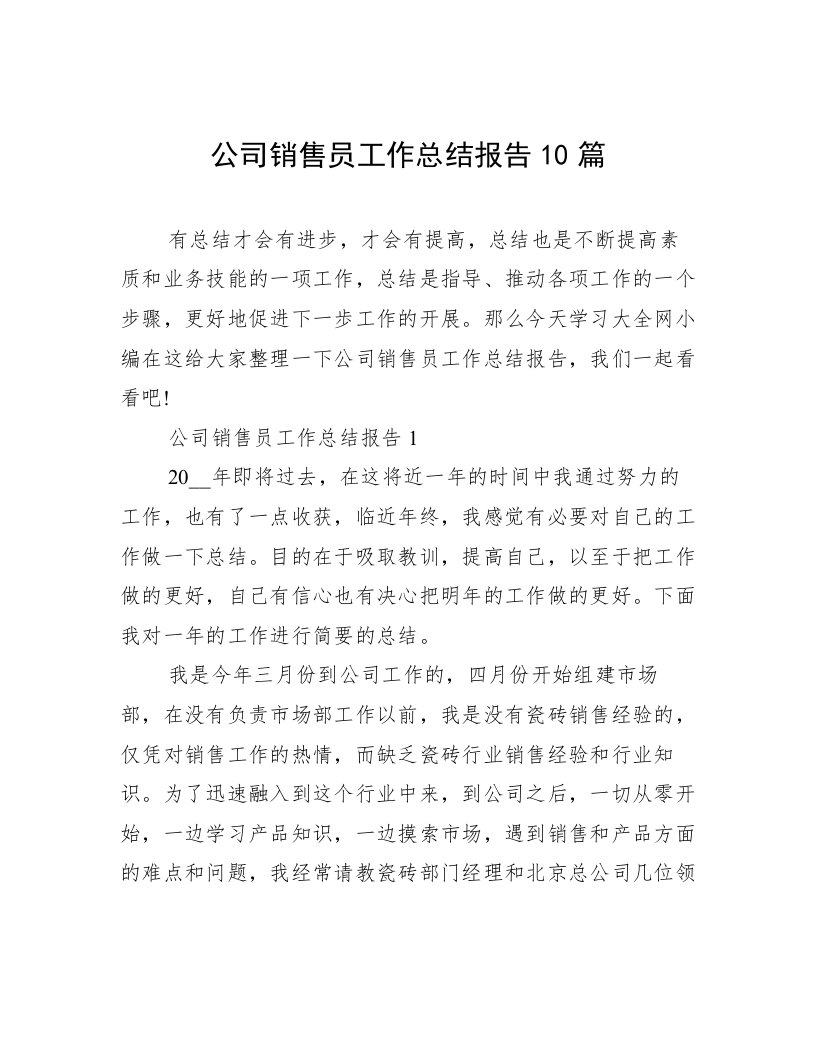 公司销售员工作总结报告10篇