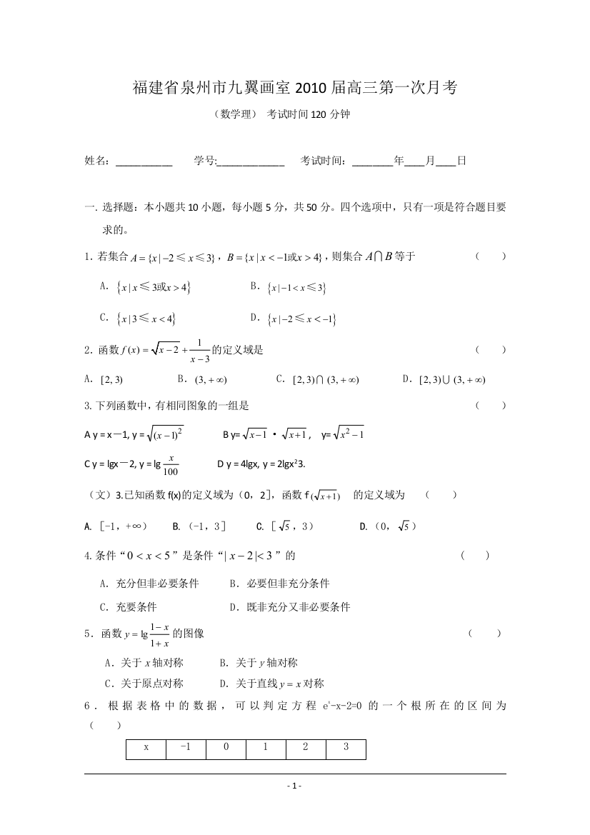 【小学中学教育精选】福建省泉州市九翼画室2010届高三第一次月考（数学理）缺答案