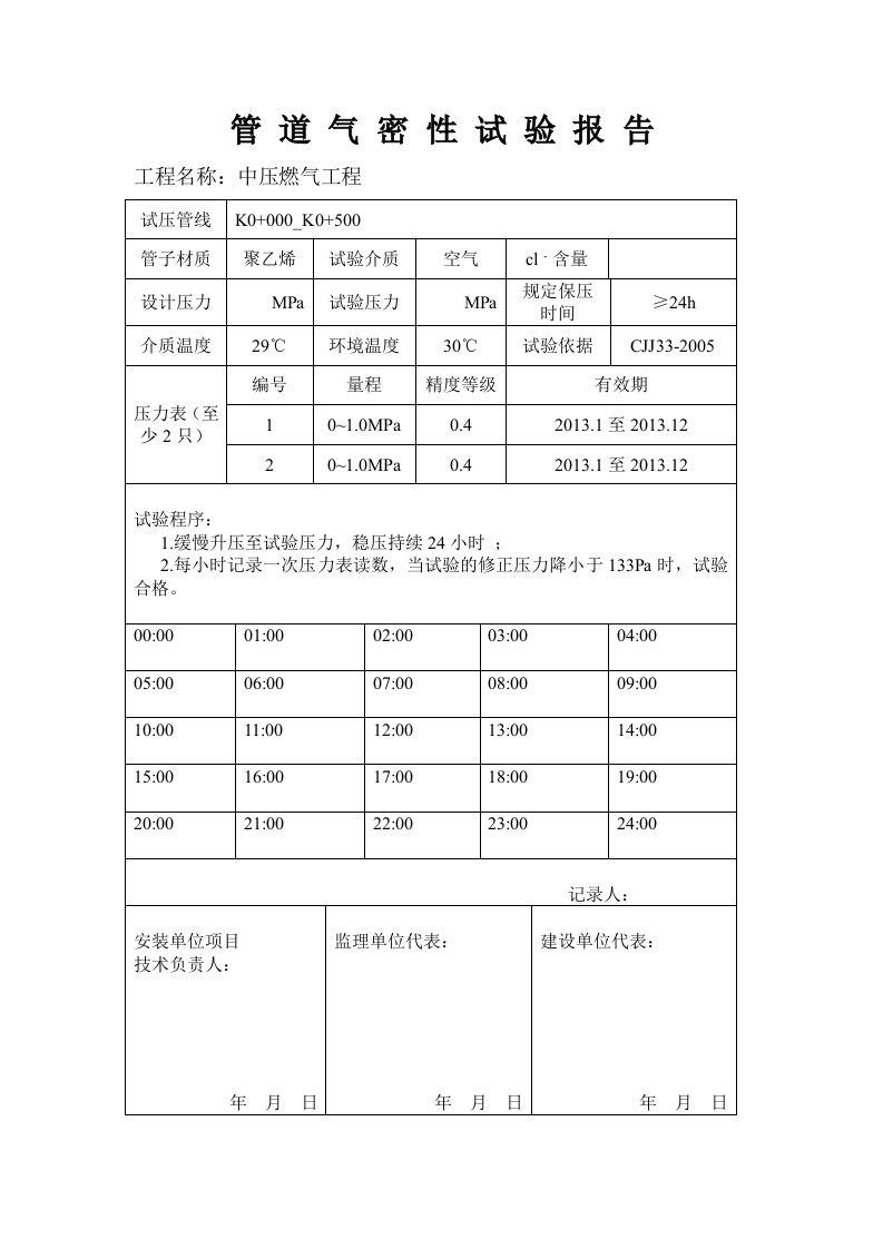 燃气管道气密性试验