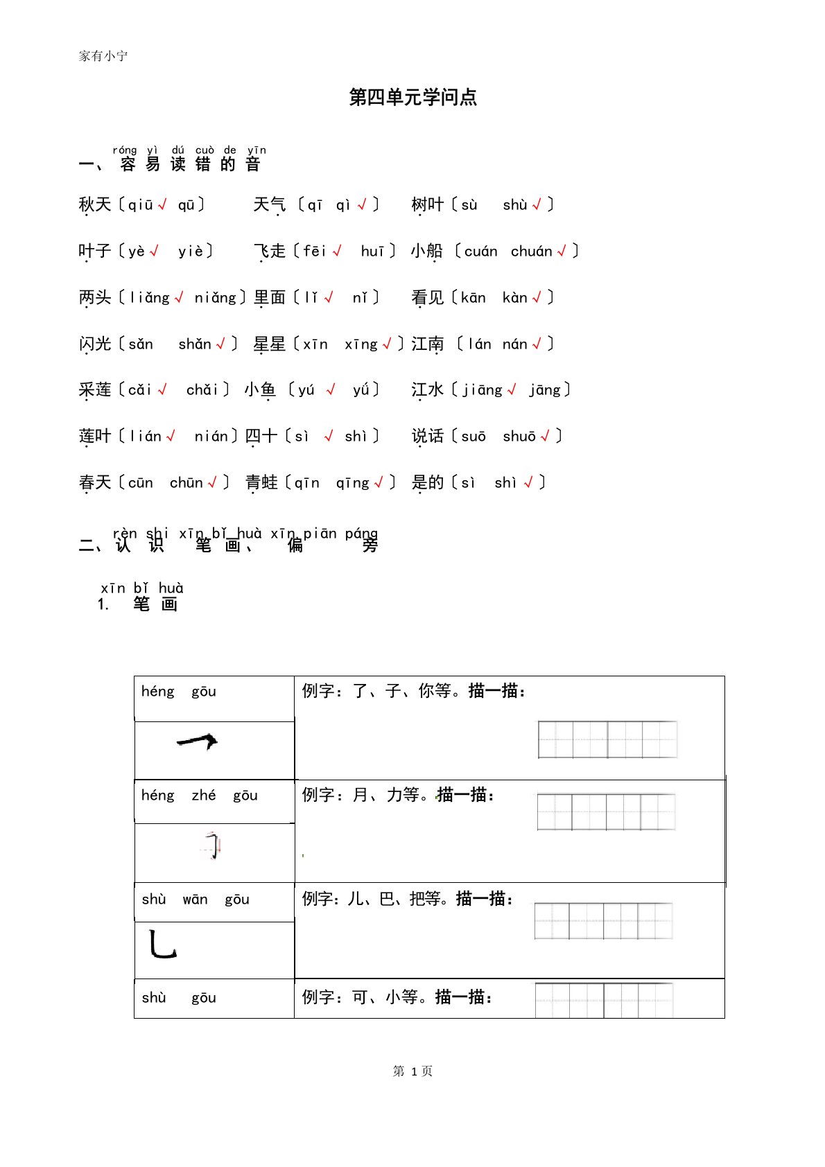 部编版小学一年级语文上册第四单元知识点