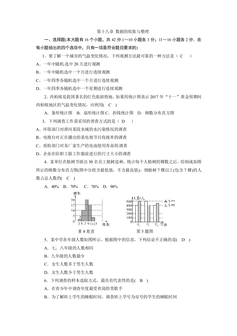 【小学中学教育精选】2018年冀教版八年级下《第18章数据的收集与整理》单元试题含答案