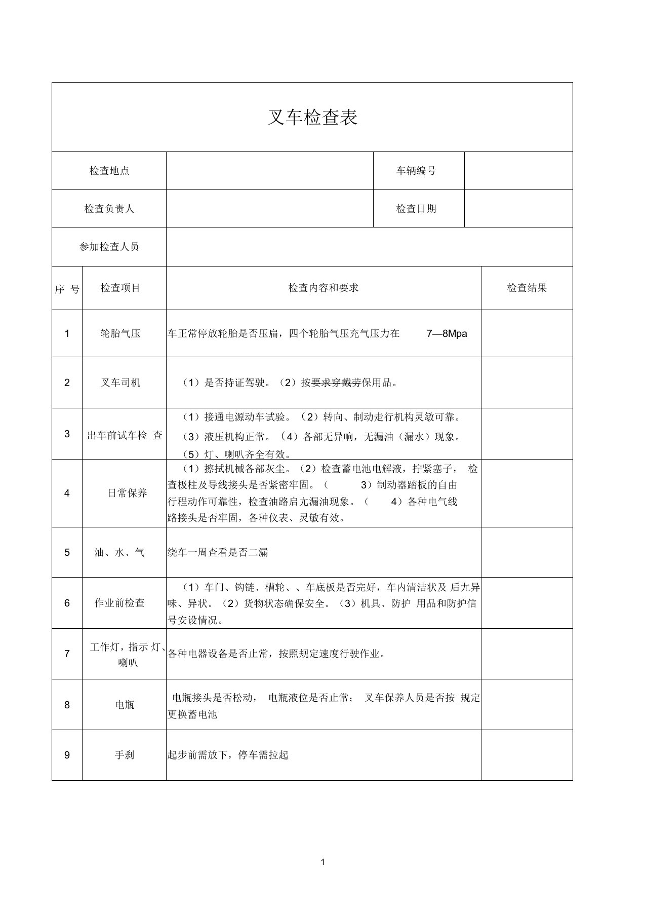 叉车检查记录表