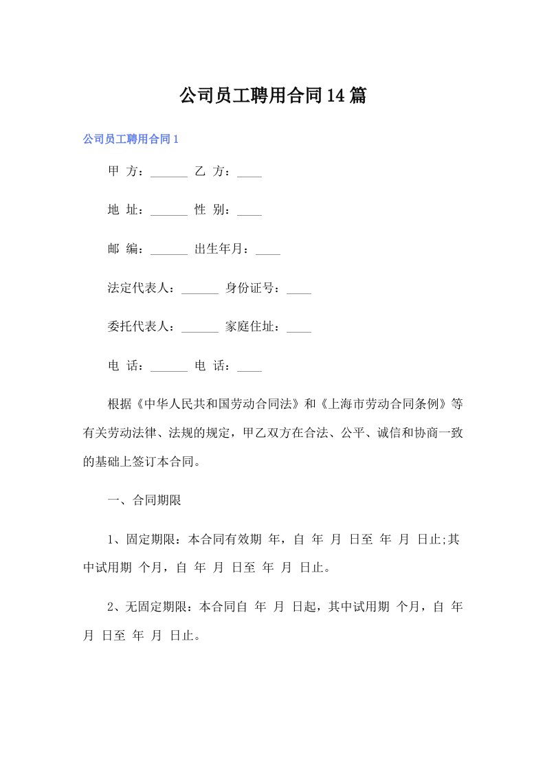 公司员工聘用合同14篇