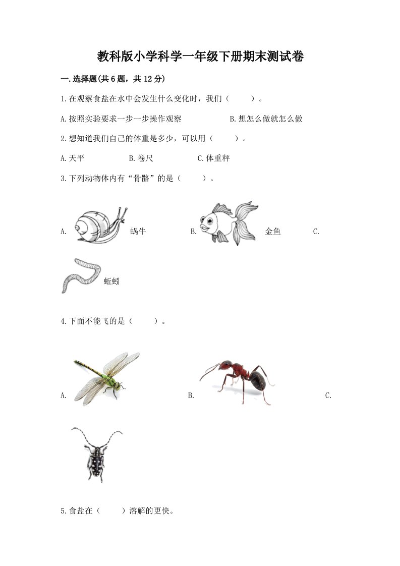 教科版小学科学一年级下册期末测试卷附完整答案（考点梳理）