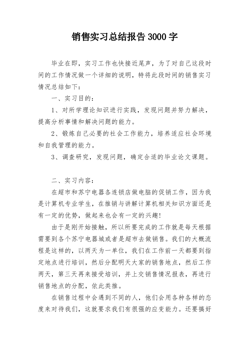 销售实习总结报告3000字