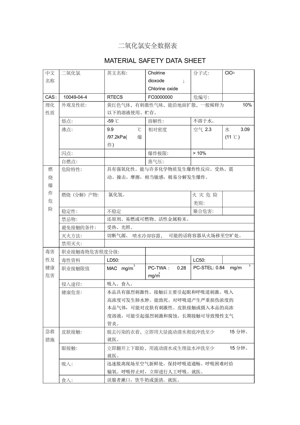 二氧化氯安全数据表