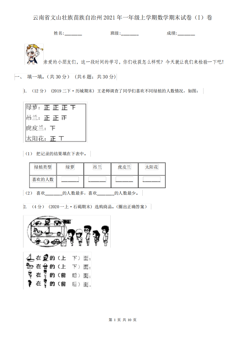 云南省文山壮族苗族自治州2021年一年级上学期数学期末试卷(I)卷