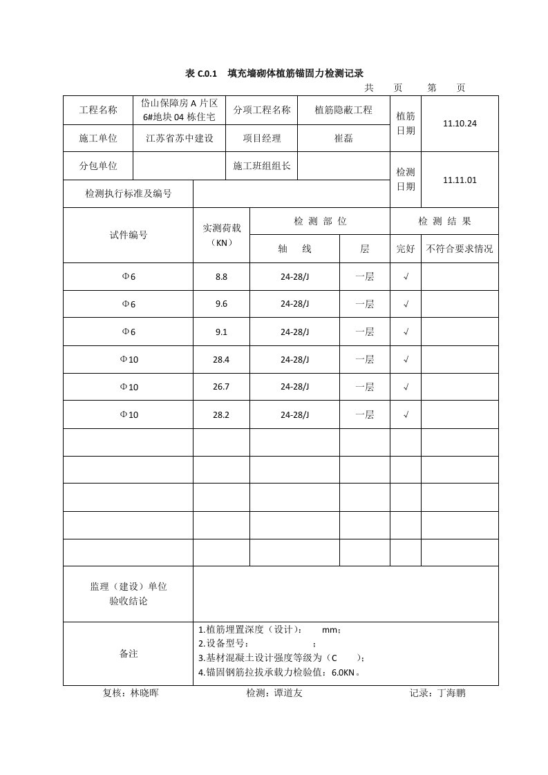 植筋锚固力检测记录