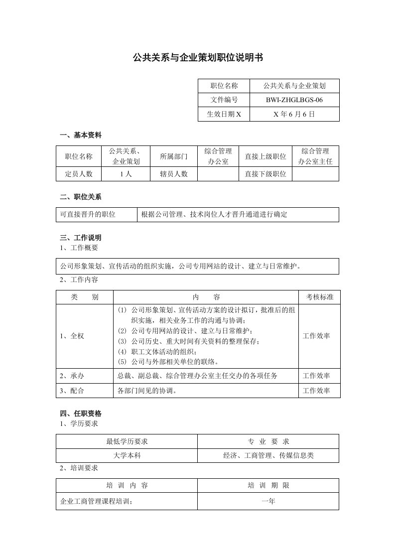 推荐-公共关系与企业策划职位说明书