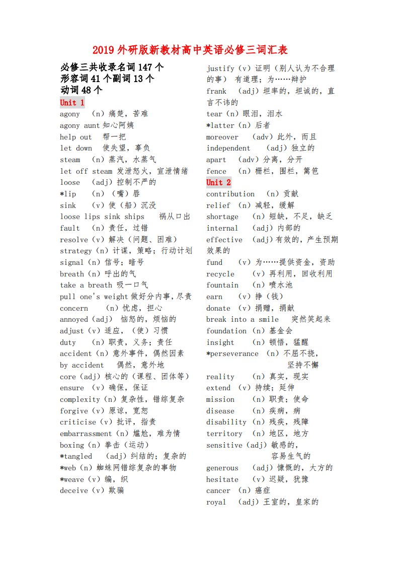 新外研版高中英语必修三词汇表