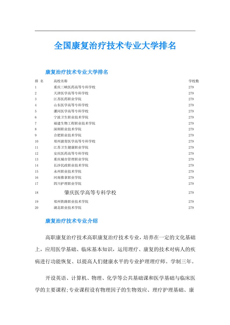 全国康复治疗技术专业大学排名