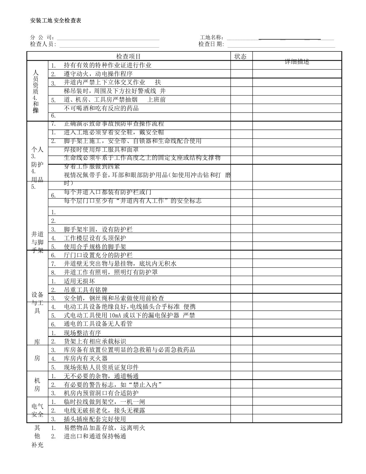 电梯安装工地安全检查表