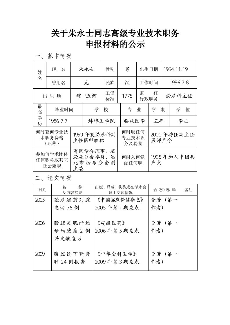 关于朱永士同志高级专业技术职务申报材料的公示doc-关于