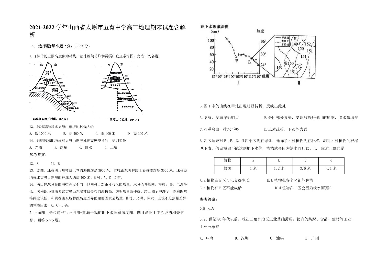 2021-2022学年山西省太原市五育中学高三地理期末试题含解析