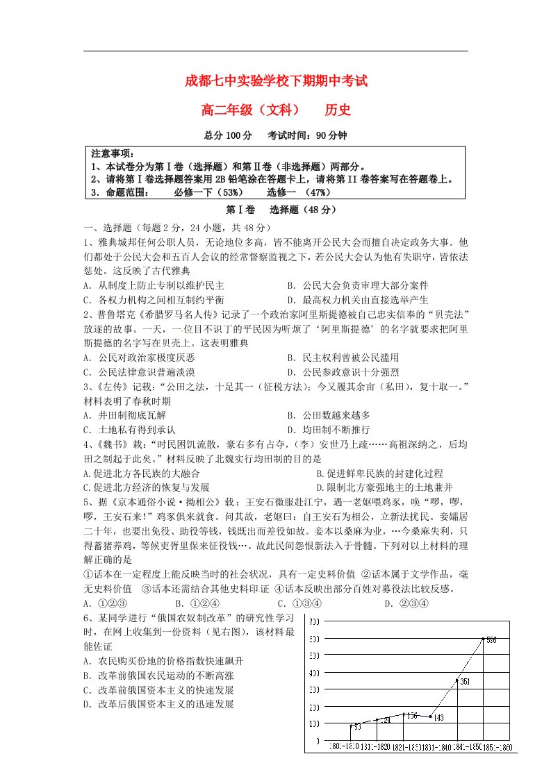 四川省成都七中实验学校高二历史下学期期中试题