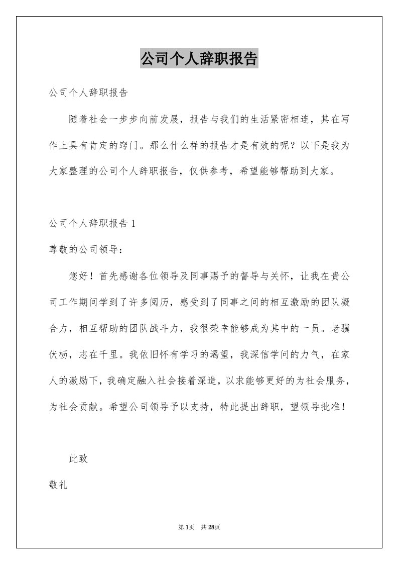 公司个人辞职报告范本