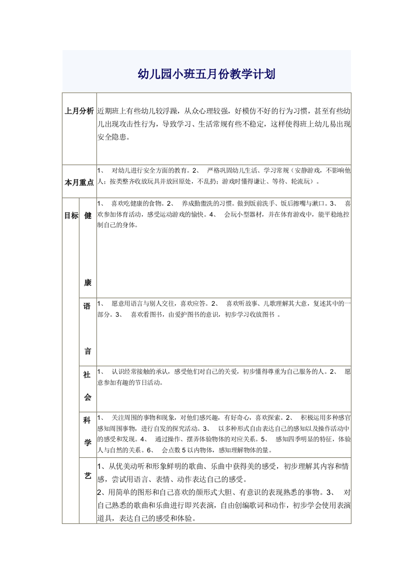 幼儿园小班五月份教学计划