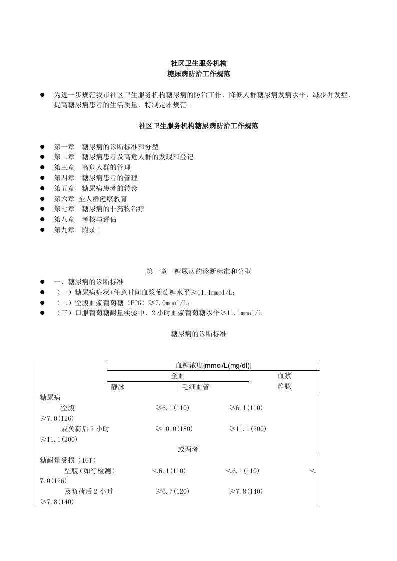 社区卫生服务机构糖尿病防治工作规范