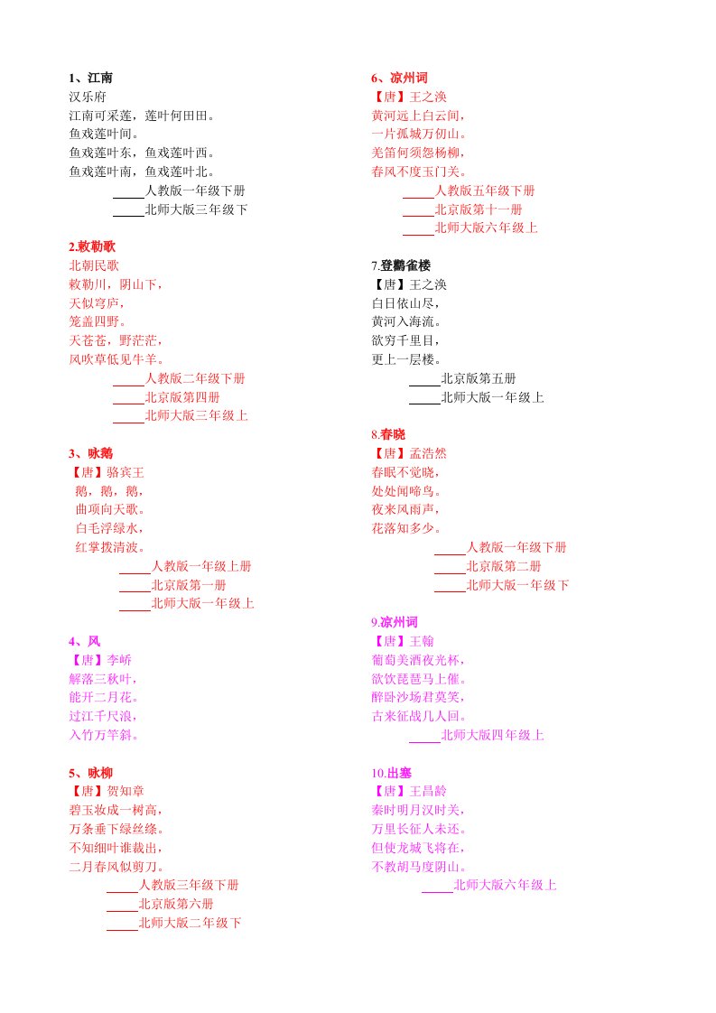 中古小学王磊瑜汇总课标要求的小学生必背70首古诗